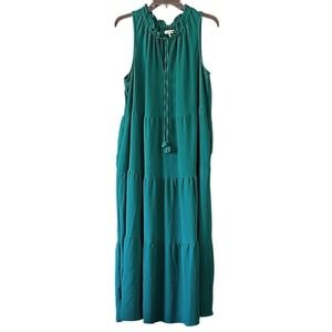 Max Studio Sleeveless Maxi Dress Flowy Green Tiered XL Pockets Ruffle Tie Neck